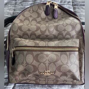 Coach Medium Charlie Signature Backpack with Tan and Metallic Purple